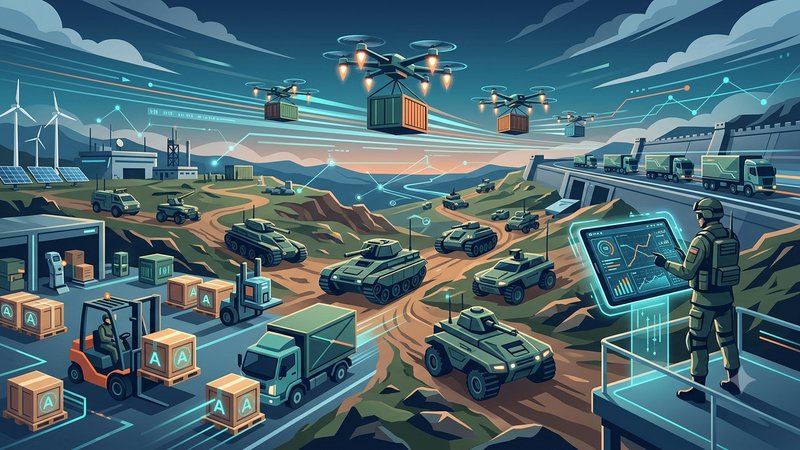 Современная иллюстрация автоматизации военной логистики с футуристическим транспортом и цифровыми схемами управления поставками.