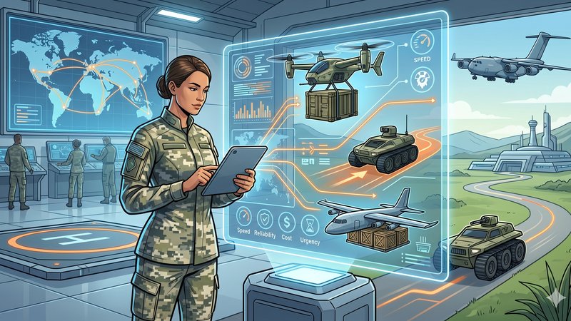 Современная иллюстрация транспортных средств для экспресс-доставки военного оборудования в футуристическом стиле 2026 года