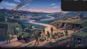 Современная иллюстрация военной логистики: доставка грузов в прифронтовой зоне с использованием передовых технологий.